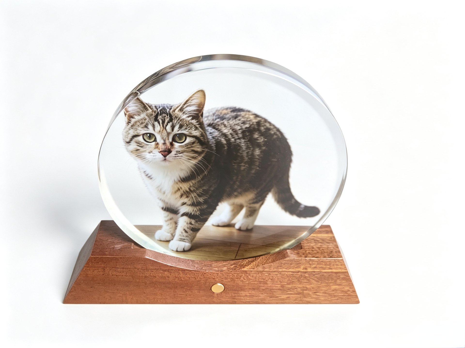A tabletop high-clarity glass photo keepsake standing on its wood base — beyond frames, albums and wall art