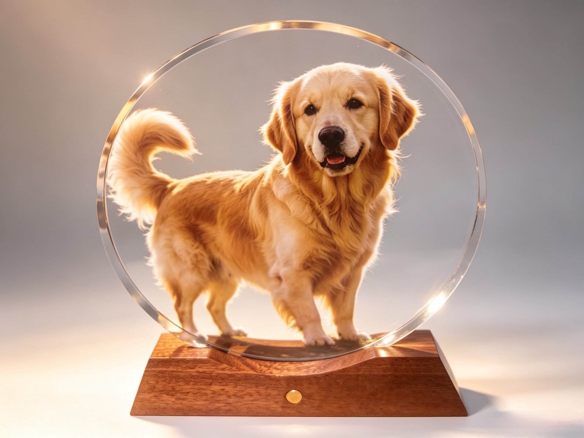 Pet photograph turned into a full-color glass photo keepsake — a made-to-order product for photography studios