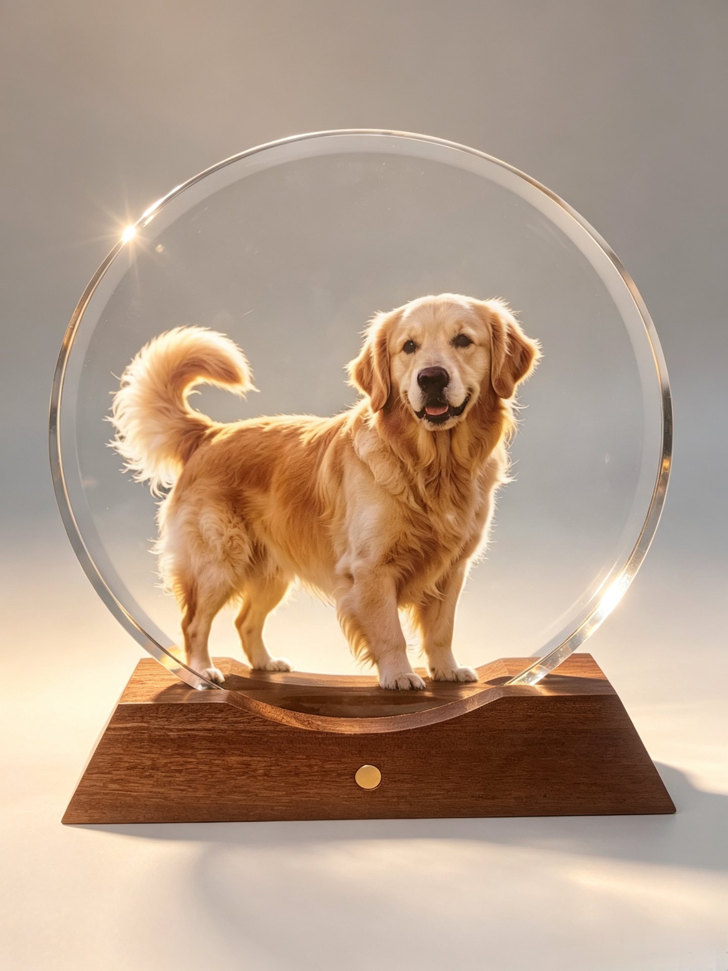 A full-color dog portrait sealed inside a high-clarity glass keepsake on a wood base — offering a keepsake to families in pet aftercare
