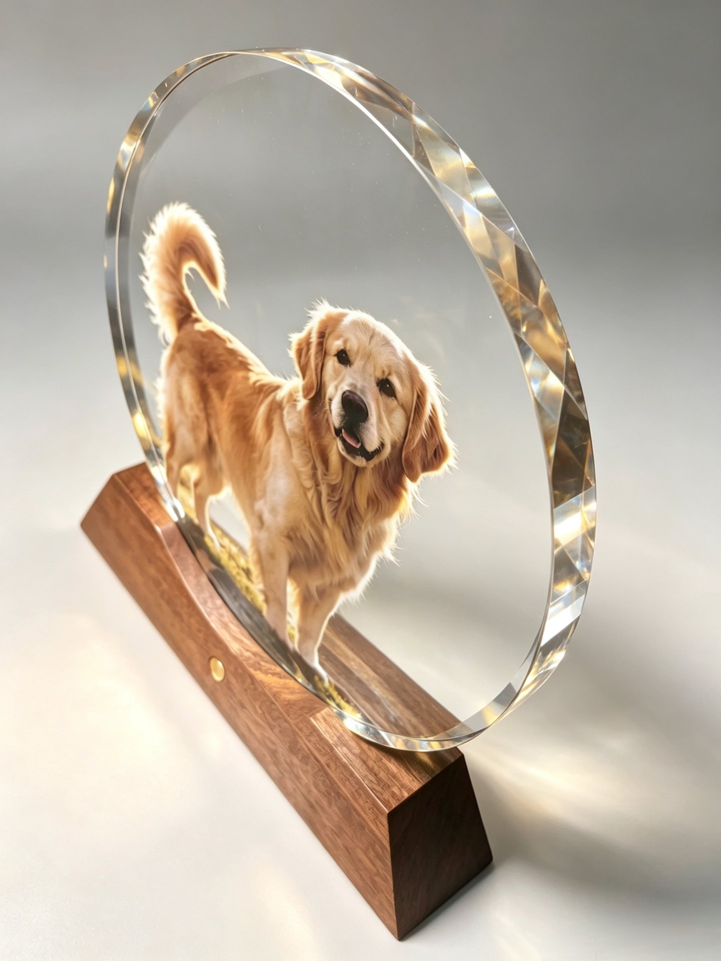 A full-color dog portrait sealed inside a high-clarity glass keepsake — evaluating a new memorial product for an aftercare business