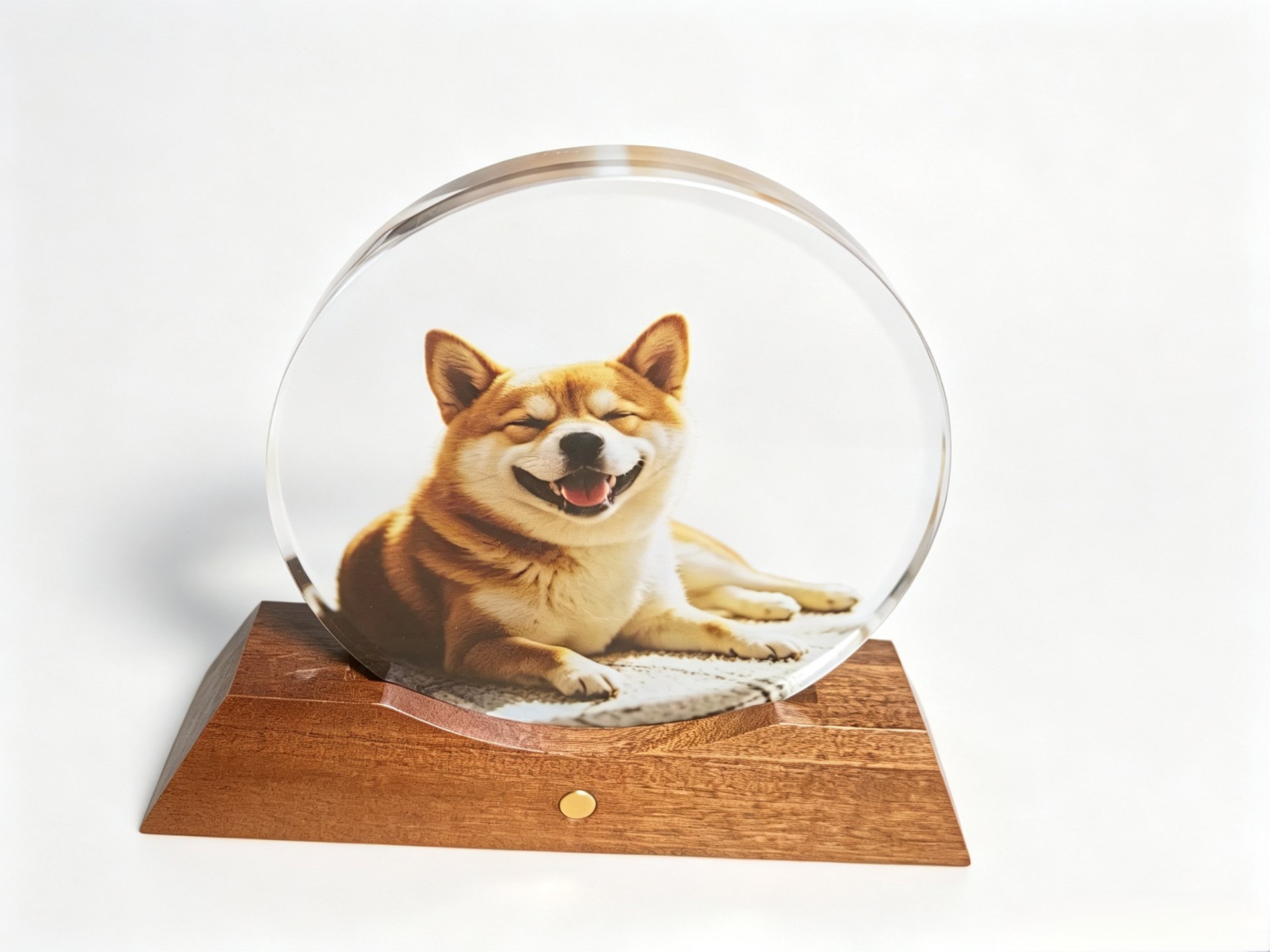 Finished Onsight keepsake with a full-color photograph sealed inside thick high-clarity glass, standing on a solid wood base