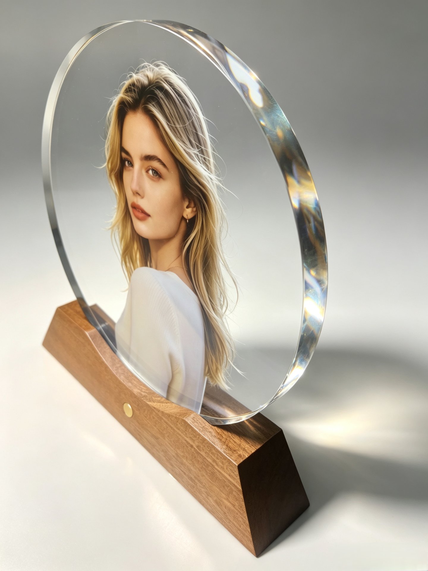 A full-color portrait sealed inside a 200 mm high-clarity glass keepsake on its wood base — planning Q4 order cutoffs for partners